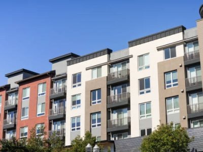 Exterior view of modern apartment building offering luxury rental units in Silicon Valley; Sunnyvale, San Francisco bay area, California